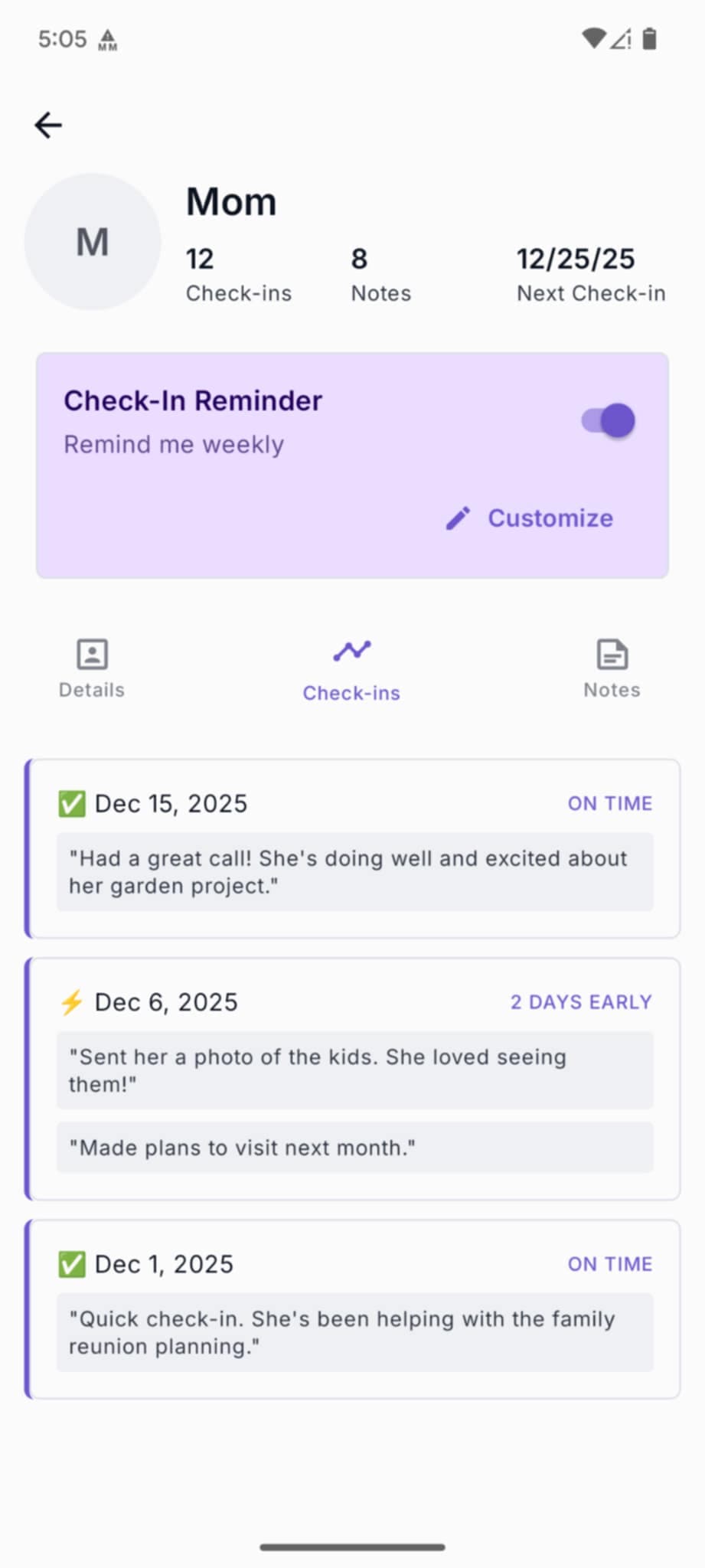 Check-ins overview showing upcoming reminders