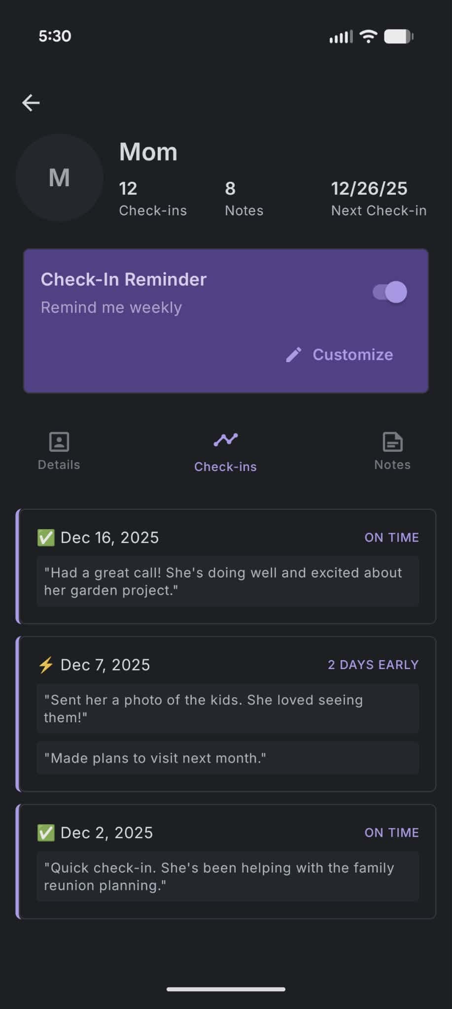 Check-ins overview showing upcoming reminders