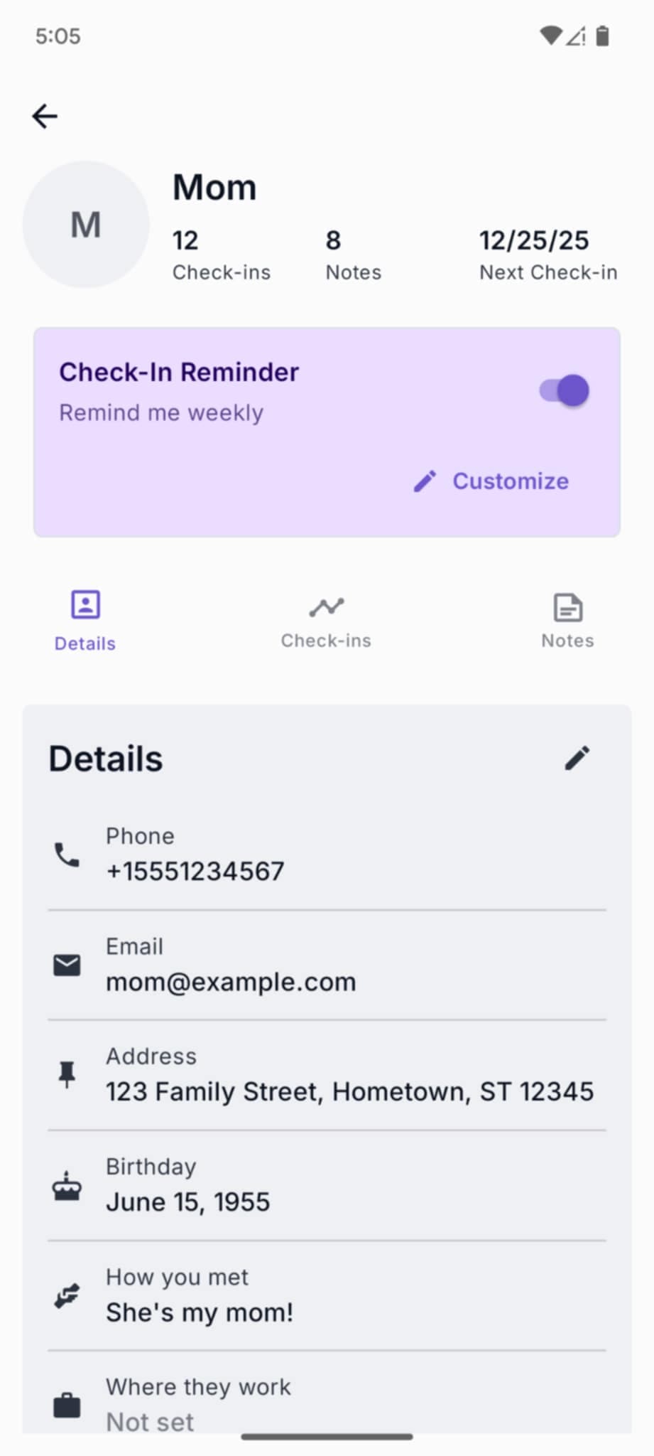 Stay in Touch app screenshot showing contact details