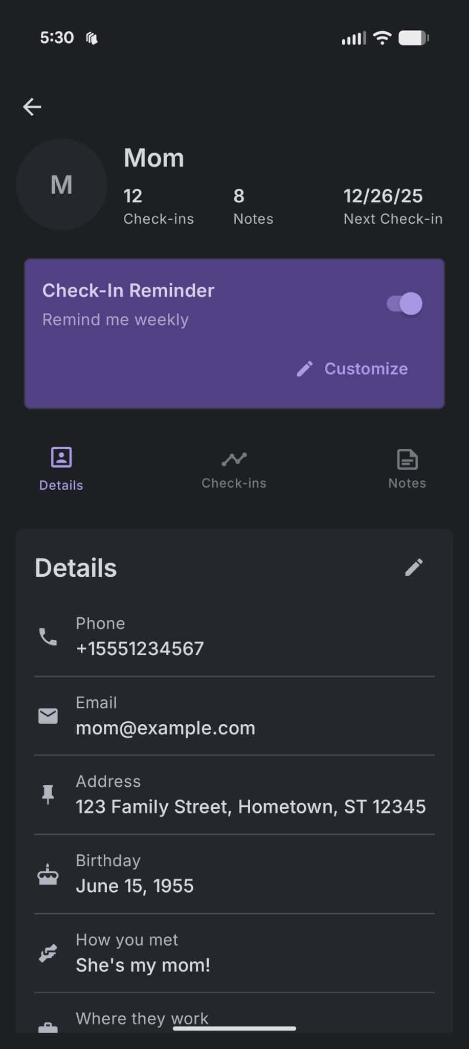 Stay in Touch app screenshot showing contact details